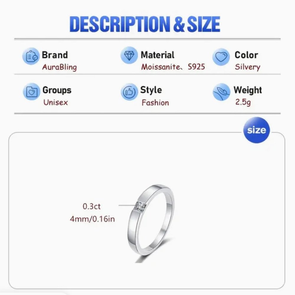 NEW Dimond Ring Single Stone Silver 925 Band Simple Square Moissanite Ring Sz 9 - Picture 4 of 8
